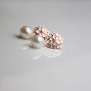 Dahlia asymmetrical 18ct Rose Gold and freshwater Pearl drop Earrings