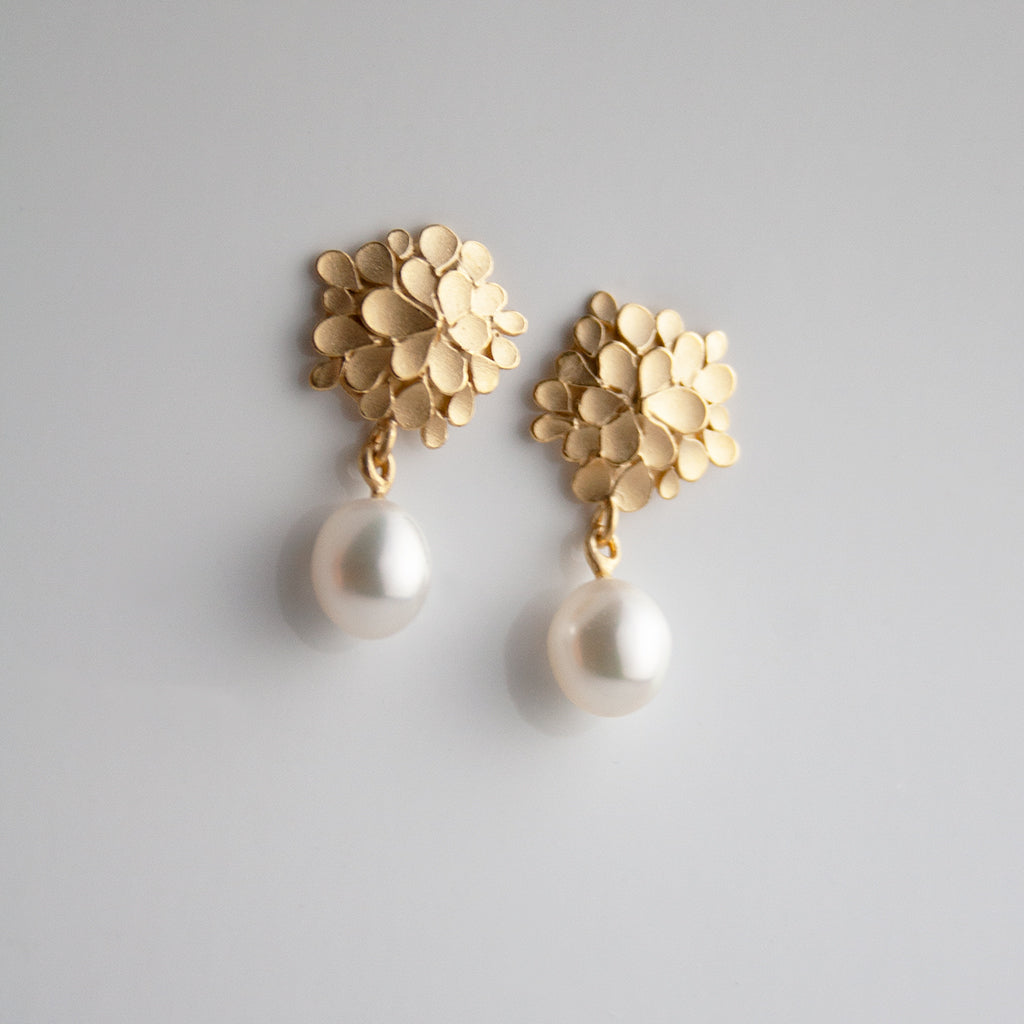 Dahlia asymmetrical 18ct. Gold  and Freshwater Pearl drop Earrings