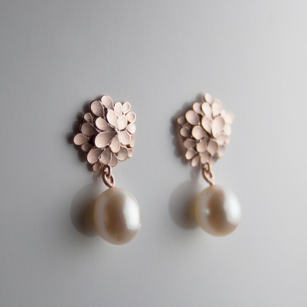 Dahlia asymmetrical 18ct Rose Gold and freshwater Pearl drop Earrings