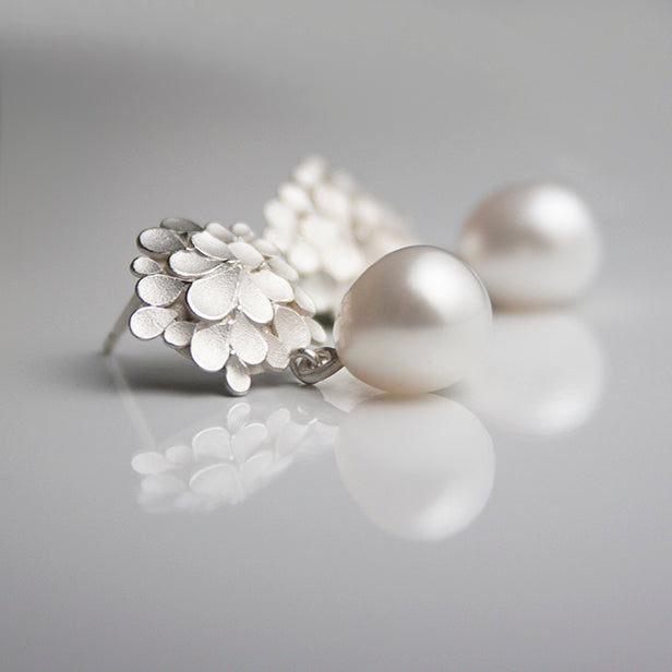 Dahlia asymmetrical Silver Freshwater Pearl drop Earrings