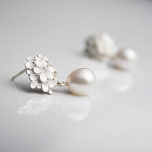 Dahlia asymmetrical Silver Freshwater Pearl drop Earrings