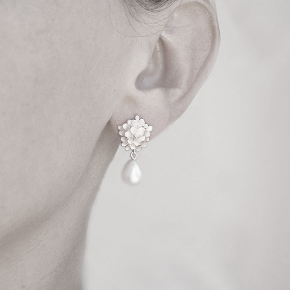 Dahlia asymmetrical Silver Freshwater Pearl drop Earrings