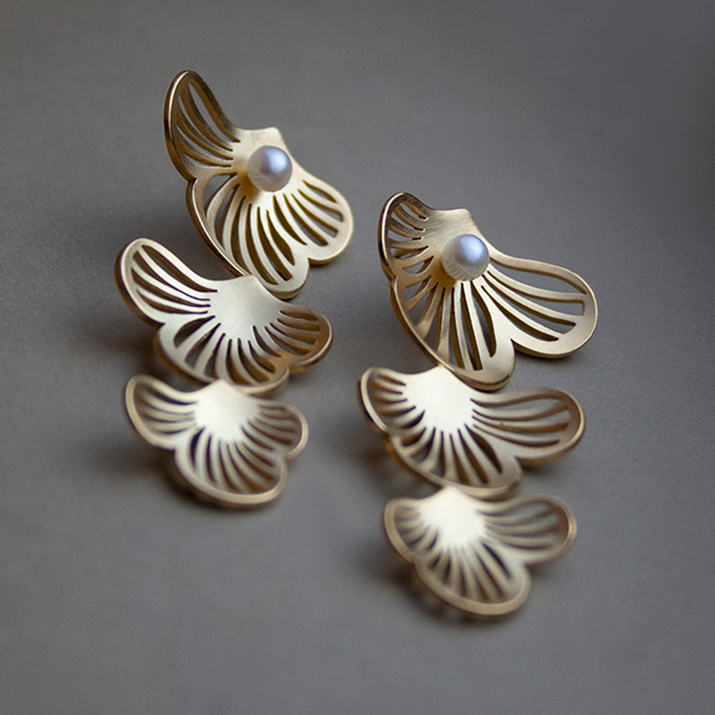 Flourish long drop dangly Earrings with freshwater Pearls